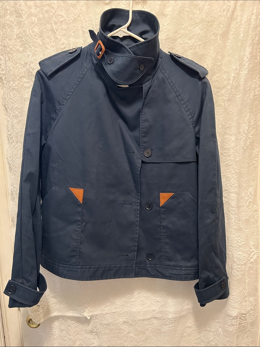 Lacoste Navy Pea Coat with Tan Pocket Accents